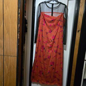 Shein Women's Elegant Orange & Black Fishnet Long Dress Size Large